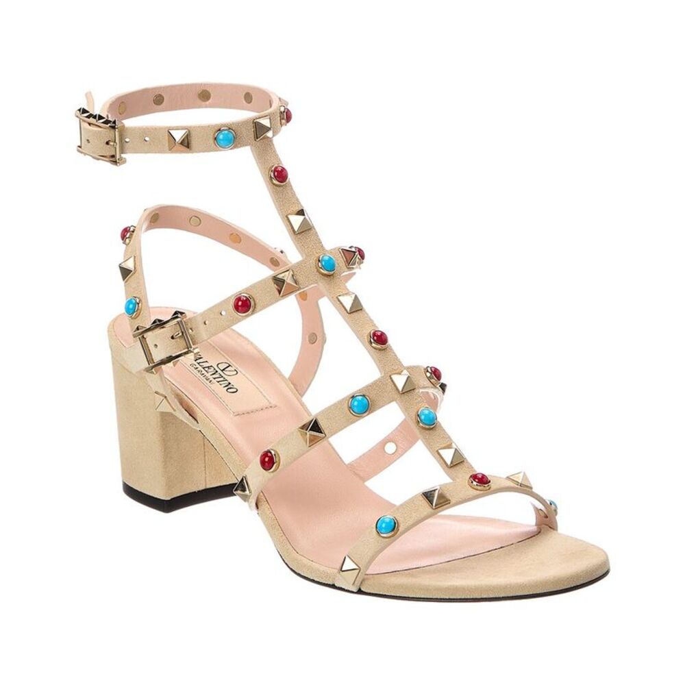 Valentino Caged Rockstud 58 Suede Ankle Strap Sandal, Beige
